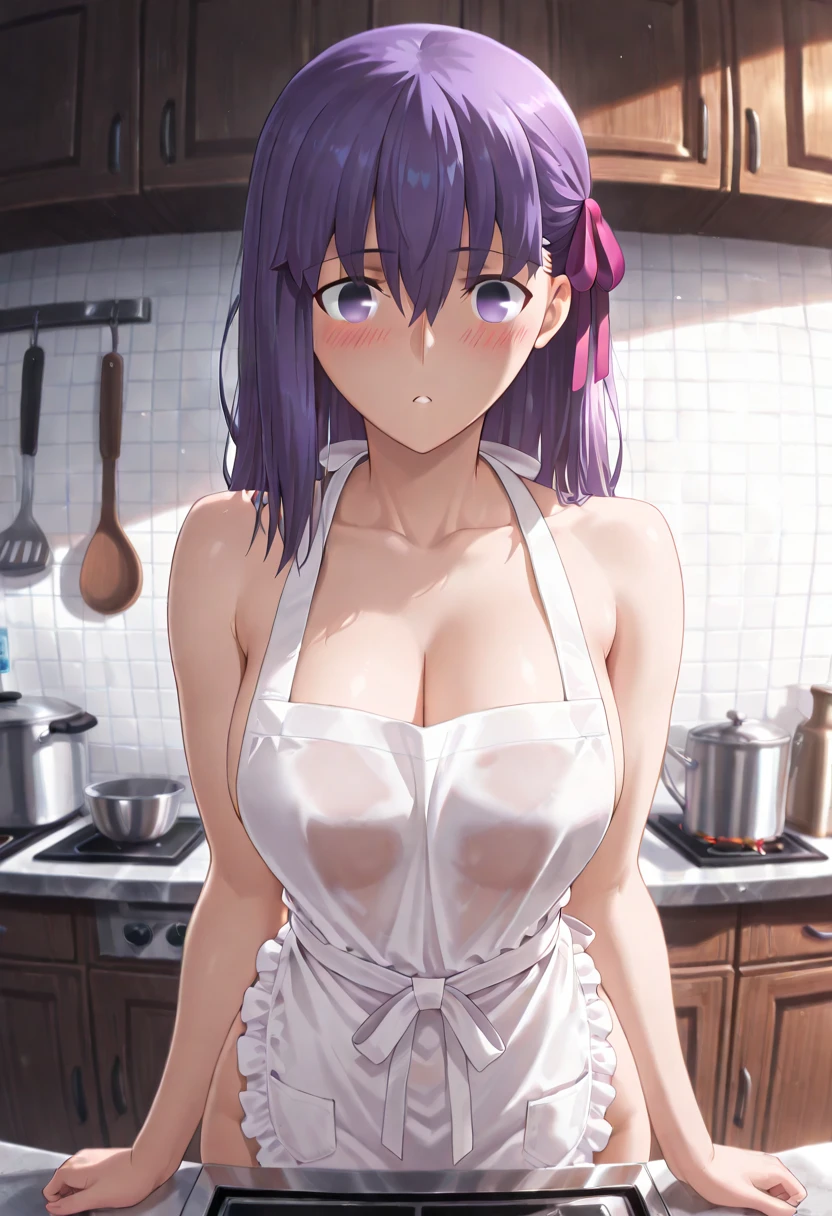 1girl, short hair, purple hair, multicolored hair, purple eyes,14Perfect anatomy, (extremely detailed:1.0), absurdres,// naked apron, 1girl , sexy,breasts_squeezed_together, breasts squeezed together, 0.8v arms, Large breasts, breasts,, collarbone, Slender,// modern kitchen, Pots and pans, Cutting board, Chef's knife, food, , from side, High quality shadow, High quality light rays, Depth Of Field, Medium Full shot,