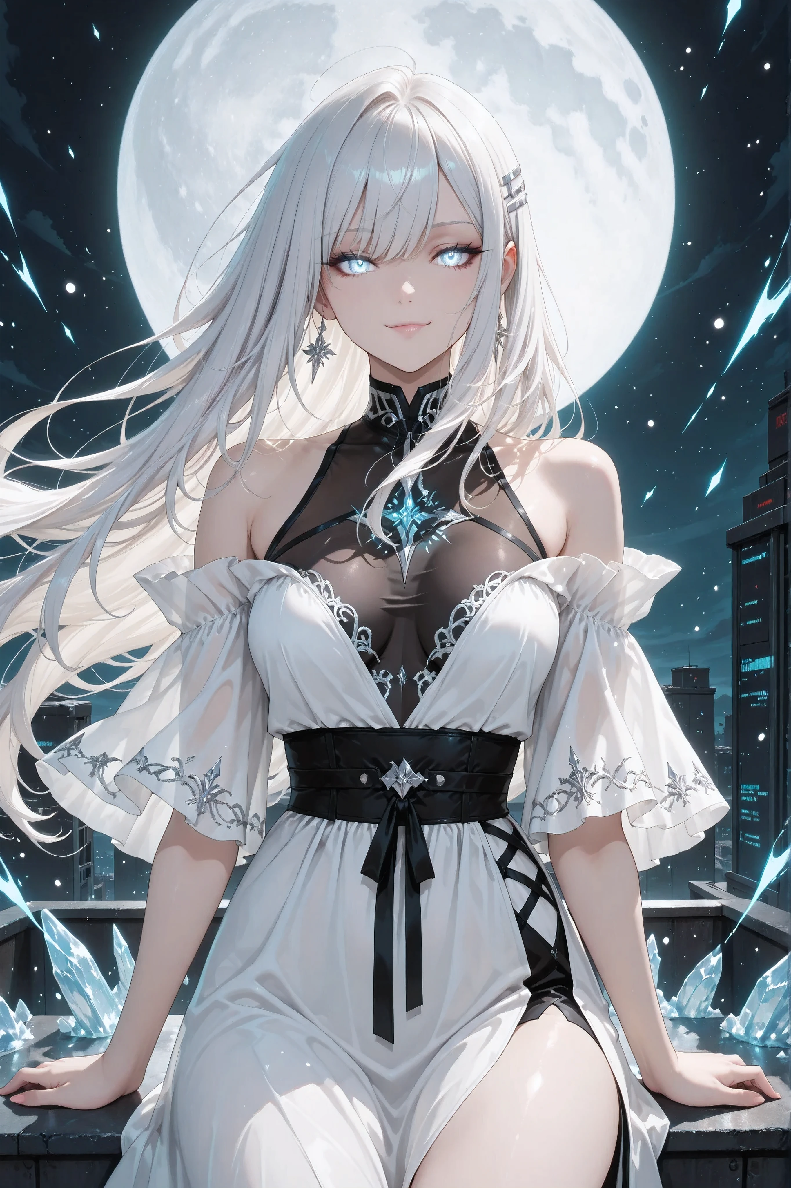 ((masterpiece, best quality, anime style, ultra-detailed)), (1girl, solo, human), (young female, age 18–20, elegant lean build, glowing white human eyes:1.6, cold confident smirk, emotionless stare, fair skin), (long flowing white hair:1.6, wind-blown, layered and radiant like moonlight), (white futuristic streetwear-inspired dress:1.5, sleek asymmetrical design, subtle tactical lines, high-slit or layered lower half, glowing seams, minimal off-shoulder detail), (half-body front view, upright and poised posture, face and shoulders clearly visible, eyes locked on viewer), (large glowing silver moon behind her:1.6, casting cold lunar light, soft frost shimmer trailing into air), (background: night battlefield ledge or rooftop, icy mist, faint darkness, silver glyph particles dissolving into shadows), (color palette: pure white, silver, ice gray, soft shadow blue), (vibe: quiet frostbite, moonlit death, silver shadow sovereign)