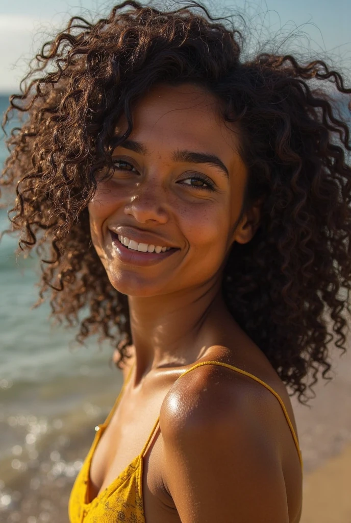 Curly and tanned woman