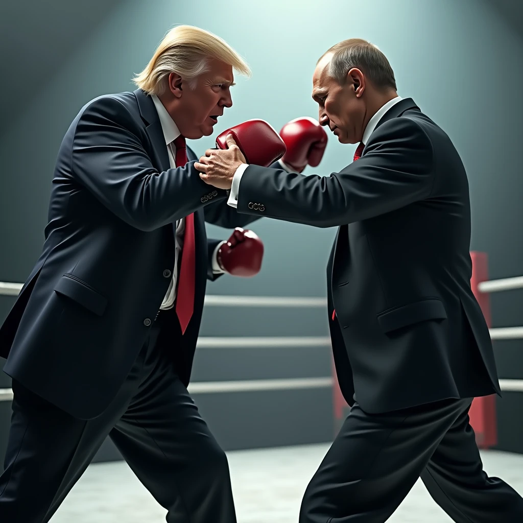 (photorealism:1.2), Twitch-streamer Olesha fighting on a boxing ring with a Putin, Olesha wearing round glasses and man-bun hair, there is a white-beige cat near and f-16 in the air