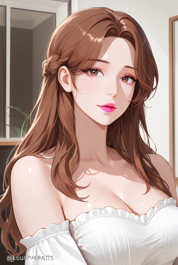 (SFW), masterpiece, best quality, highres 64k, professional artwork, famous artwork, clean, cinematic lighting, beautiful eyes + detail, beautiful hair + detail, (cute young female body:1.4), (cute big breasts), lactation milk, happy:1.3, smile:1.3, sexy looking at the viewer, sexy lips, floating hair,Anosillus ii, ((tfg1:1.5)), indoors, doorway, door open, from above