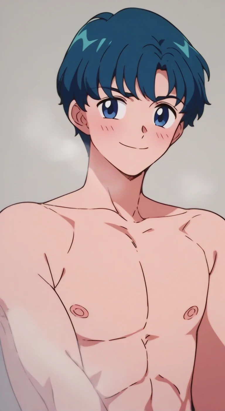 Highres, Masterpiece, Best quality at best,Best Quality,hight quality, hight detailed, Anime style, 1boy, Shota, young boy, Solo person, smile, Blue hair, Straight hair, school, Shirtless, Bare shoulder, Seen from the front, look at viewer, Upper body, choker, Baby face, Such a cute smooth armpit, The armpits of a 12 year old boy, Adorable little armpits, Give me a proportional picture of a 12 year old boy's armpits, (very young boy), (very small and short body), 12-year-old boys, uhd, blurry beckground