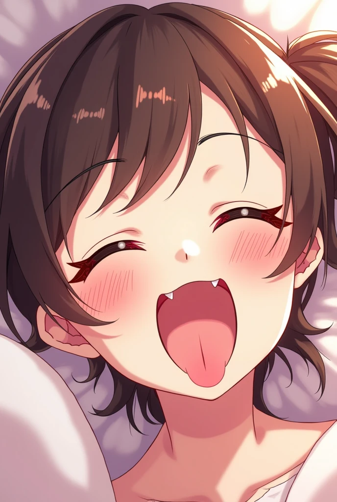 ((masterpiece,best quality)), high resolution,ultra detailed,8k,16k,detailed background, perfect lighting,detailed beautiful eyes, 1girl,solo,embarrassed,blush,show off nipple,steam,sweat, heavy breathing,saliva,drool stringing,drivel, naughty smile,(open mouth,oral,spread mouth:1.4),ahegao,face focus,(from above, from front:1.2), (pov:1.4),portrait,seductive eyes,be breathless,show mouth,fisheye lens,stick tongue out,topless,aru_bluearchaive,red hair,long hair,yellow eye,horn,ring on head,(medium breast,kawaii:1.2),(school uniform,sky,summer),