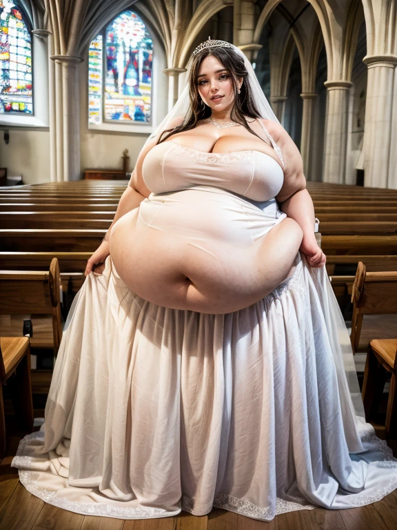 masterpiece, best quality, super detail, 4k, 1girl, (in a church at a wedding, wedding dress), (small breasts), pregnant, (gigantic belly:1.5), (dynamic pose), add detail