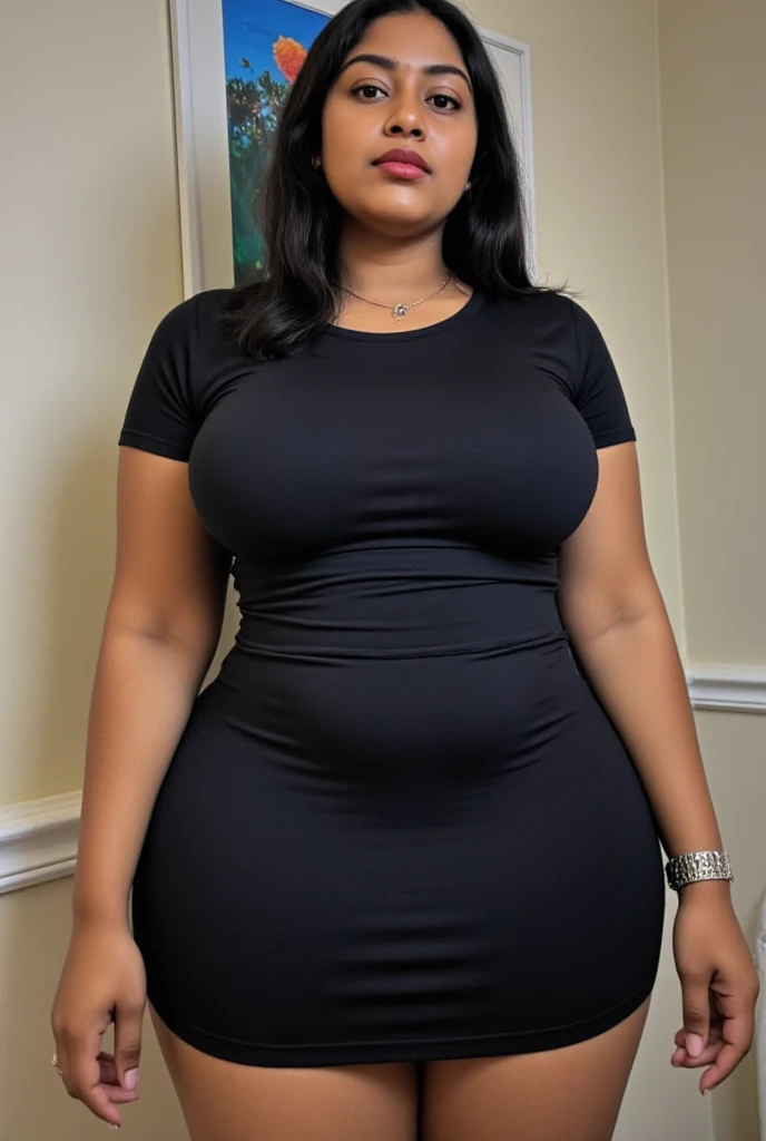 A black-skinned woman, with huge breasts, with black hair and crystal blue eyes. Her figure is curvy, with a narrow waist and pronounced hips. Her features are delicate and soft., with a charming smile. dressed in a shirt posing very sexy