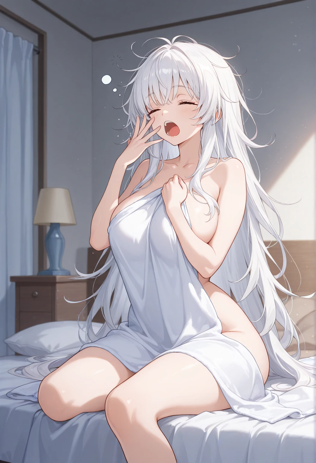Sleeping in the bedroom,childish,girl, (((Spread your legs apart))),shiny silver hair, long twin tail hair, Red Eyes, Red dragon girl horns grow on her head, rather small breasts, (((No clothing))), hiding chest with hands,A large amount of white liquid is smeared on the body,(((perfect hand))),(((Perfect fingers))),(((A large amount of white liquid is vigorously coming out of the genitals))),(((A large amount of white liquid is smeared all over the body))),Splashing white liquid from the genitals,