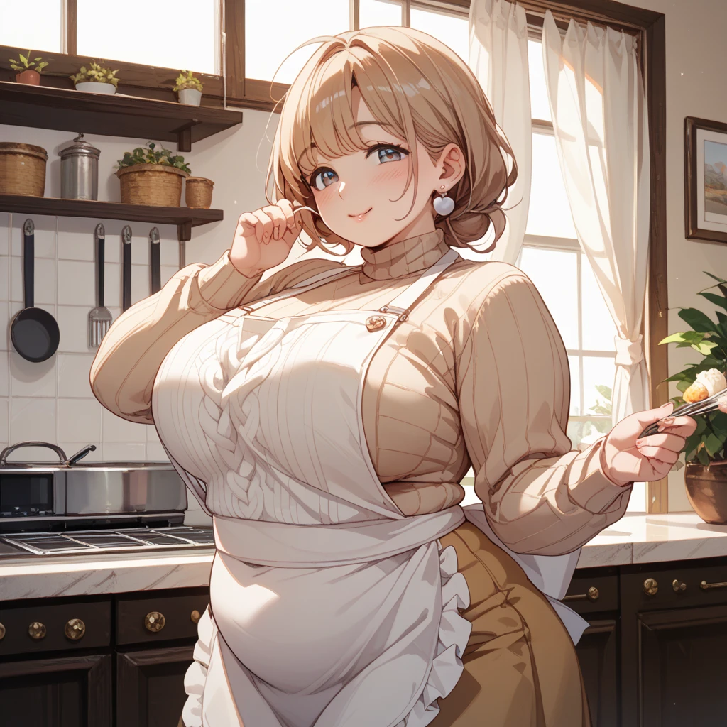 masterpiece, yor, 1girl, Bust A Cup, Amazing Cleavage:1.3, thin waist, big ass, Raised sexy, big breast: 1.2 posed cleavage:1.2、solo, looking at viewer, open mouth, have a cute grass of cute beergrass,black hair, red eyes, dress, bare shoulders, jewelry, collarbone, sidelocks, hairband, earrings, indoors, off shoulder, :o, sweater, arms behind back, plant, short hair with long locks, white hairband, off-shoulder dress, sweater dress, off-shoulder sweater, red sweater, big side hair, very long side hair,is rendered in (masterpiece: 1.2, best quality), with (ultra high resolution) and an exquisite (depth of field). This masterpiece is not only visually stunning but also tells,A scene of cooking in the kitchen
