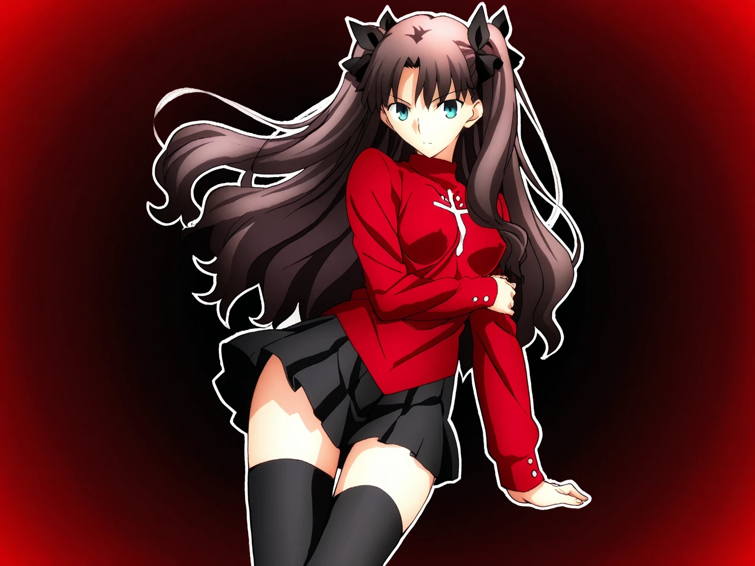 1 girl, alone, Rin tohsaka, (masterpiece), best quality, expressive eyes, perfect face, aqua eyes, black hair, hair ribbon, long hair, ribbon, side locks, two sides up, thighs, ( red lingerie), red bra with black lace, red thong with black lace, room, bedroom, lying on bed, full body, portrait, medium breasts, medium waist, wide hips, wide thighs, round butt, looking at viewer, from back pov (from above), perfect anatomy, perfect hands