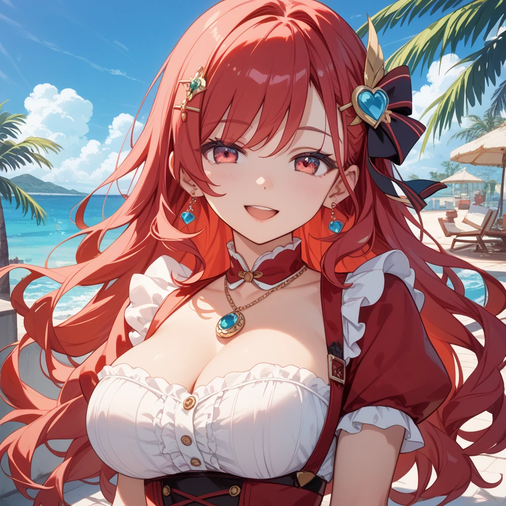 ((best qualtiy)), ((tmasterpiece)), (The is very detailed:1.3),Bust photo,cleavage,ssmile,closeup cleavage,比基尼,sportrait,red tinted hair,Green eyes,sea beach,Greenery,Flying birds,Sail ships,rays of sunshine