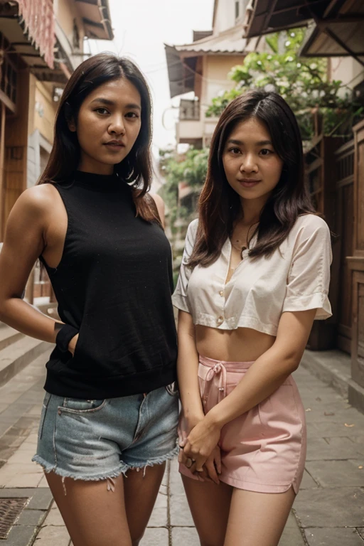 Medium shot of a 35 year old indonesian man, fit body, ideal body, oval face, white skin, nature skin, medium hair, wearing a shirt , side by side with a 30 year old indonesian woman with, pink crop top, they smile facing the camera, eye to camera, eye level angle with City view in the background