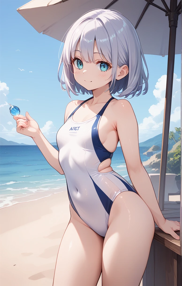 1girl、(((best quality)), ((masterpiece)), (details), masterpiece, best quality, high quality, ulutra detailed, perfect face, ((1girl, Blue eyes, cat ears: 1.3 silver bob hair: 2.5,))、Shiny Hair、Glowing Skin、smile、Lustful look、I can see your toned stomach、Sideboob、iding on the inflatable killer whale float.Ocean、Ocean上、Ocean水浴、Orange Bikini、smile、Heart effect