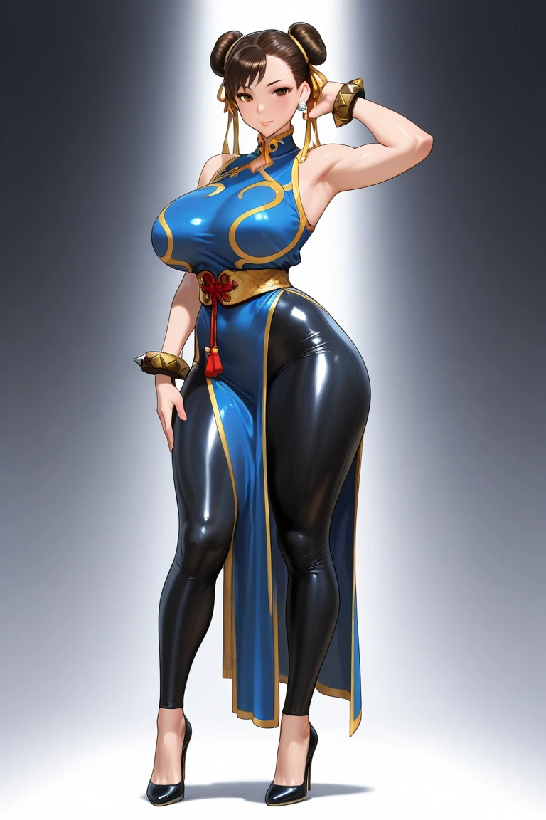 ((masterpiece)),(((best quality))),((character design sheet)), ((chun_li)), ((full body view)) mature face, (twun hair buns),((middle eastern eyes:1.4)), (((intricate futuristic breastplate))), defined cheekbones, high cheekbones, illustration, muscular, sexy bimbo, (gigantic breasts:1.7) black hair, ((detailed face:1.4)) beautiful woman, (Chinese:1.4) (white skin:1.4) , (red lipstick:1.4), shiny skin, scribbles and marks,(puffy lips:1.4) , rough sketches, pose, 8k,16k, (simple background, white background: 1.3) ((cool color palette)), ((cyberpunk aesthetic))