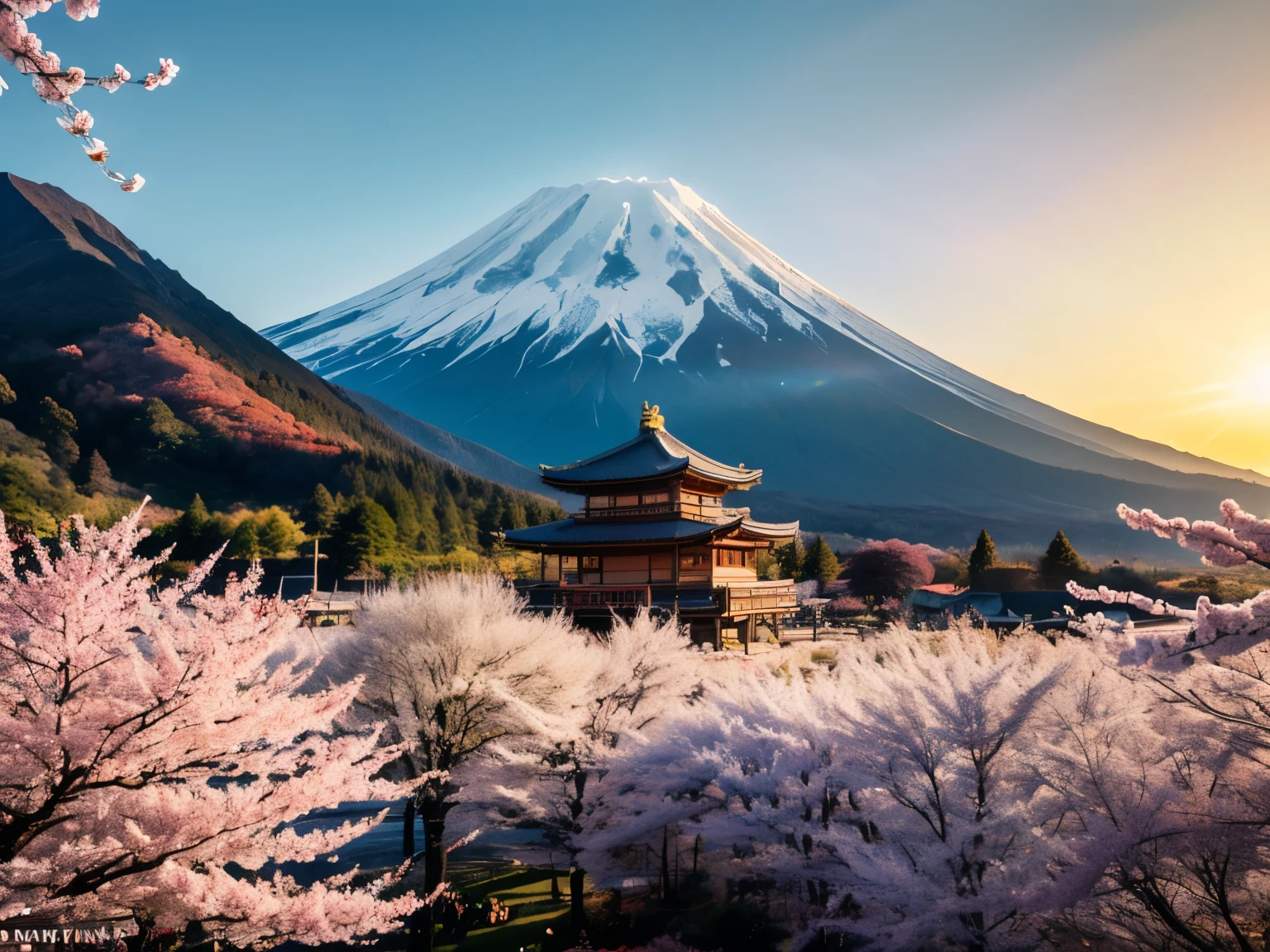 A vivid and colorful fantasy landscape of Mount Fuji during springtime, with a traditional bright red five-story pagoda in the foreground, surrounded by fully bloomed cherry blossoms. The scene is bathed in soft, magical golden light from a glowing sky with vibrant pink, orange, and blue gradients. The pagoda is perfectly illuminated with no shadows, detailed architecture shining in warm light. The background features a clear view of Mount Fuji with snow-capped peak, and the entire composition has a dreamy, ultra-saturated, high-contrast look. Hyper-realistic, vivid, crisp details, magical realism.