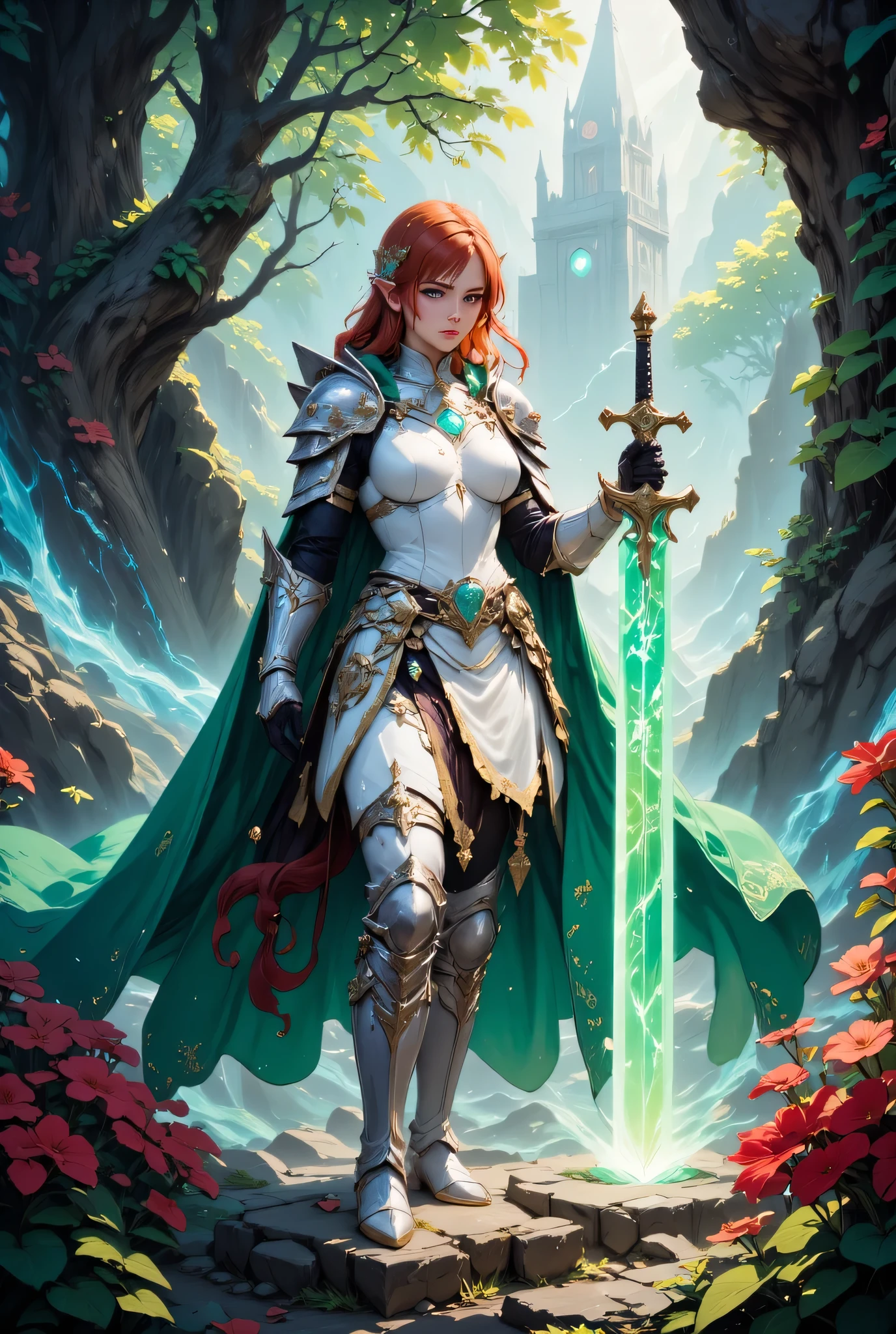 a picture of woman paladin of nature protecting the forest, controlling magical plants, woman holy knight, protector of nature, red hair, long hair, full body, ultra detailed face, red hair, long hair, braided hair, pale skin, blue eyes, intense eyes, wearying heavy armor, white armor, green cloak, flowing cloak, armed with a sword, glowing sword, fantasy forest background, D&D art, RPG art, magical atmosphere magic-fantasy-forest, ultra best realistic, best details, best quality, 16k, [ultra detailed], masterpiece, best quality, (extremely detailed), ultra wide shot, photorealism, depth of field, hyper realistic painting, Cinematic Shot, hyp3rd3tail style, zavy-ctcmcs