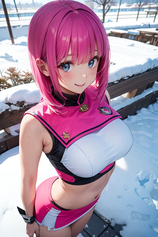 (22year old、Russian beauties、Beautie:1.4)、(shiny white skin:1.5)、(pink hair, short hair:1.6)、(Revealing bodysuit、Lace Queen Bodysuit、Rubber Bodysuit:1.5)、 ((Frolicking、Dynamism:1.9))、((Background with、snow mountains、yuki、Winters、snowscape:1.5)), smile:1.2, evil smile, Surrealism, high detail, Hyperrealism, film grain, tachi-e, sparkle, UHD, masterpiece, ccurate, anatomically correct, textured skin, super detail, high details, high quality, best quality, highres, 1080P, HD, 8k,(C-cup big breasts、Lower breast:1.8)、(toned body、abdominals、Sexy belly、Constricted hips、toned buttocks:1.5)