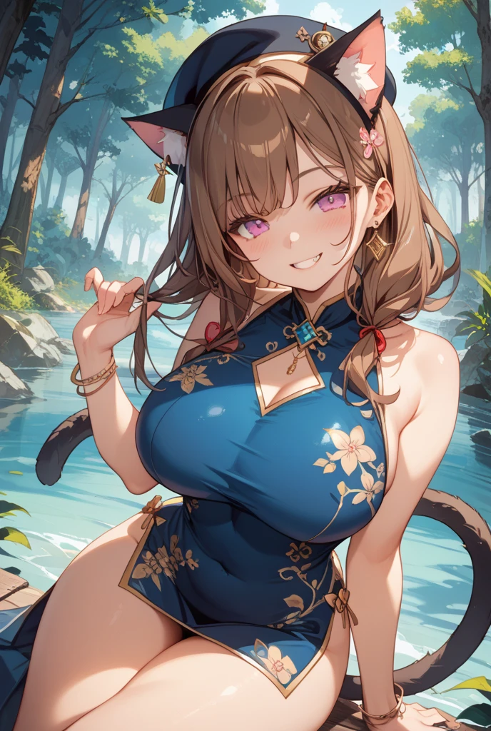 (masterpiece), best quality, expressive eyes, perfect face,(fox girl, Fox ears, fox tail),((light brown hair)),(glowing yellow pupils),(huge breasts:1.4),cleavage,(princess:1.2),(aqua and light blue floral O-ring bikin:1.5),heel sandals,crystal pendant,circlet,earrings,armlets,bracelets,bashful smile,standing,head tilt,sexy pose,waterfall,lake,(day:1.1),(clear skies 1:1),wet body,summer fun