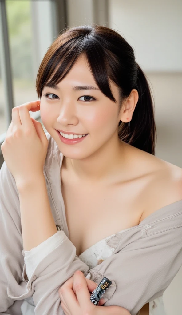 masterpiece,best quality,(Japanese ),((Beautiful girl)),cleavage,indoor,(perfect body beauty:1.2),(shy smile),beautiful teeth,
