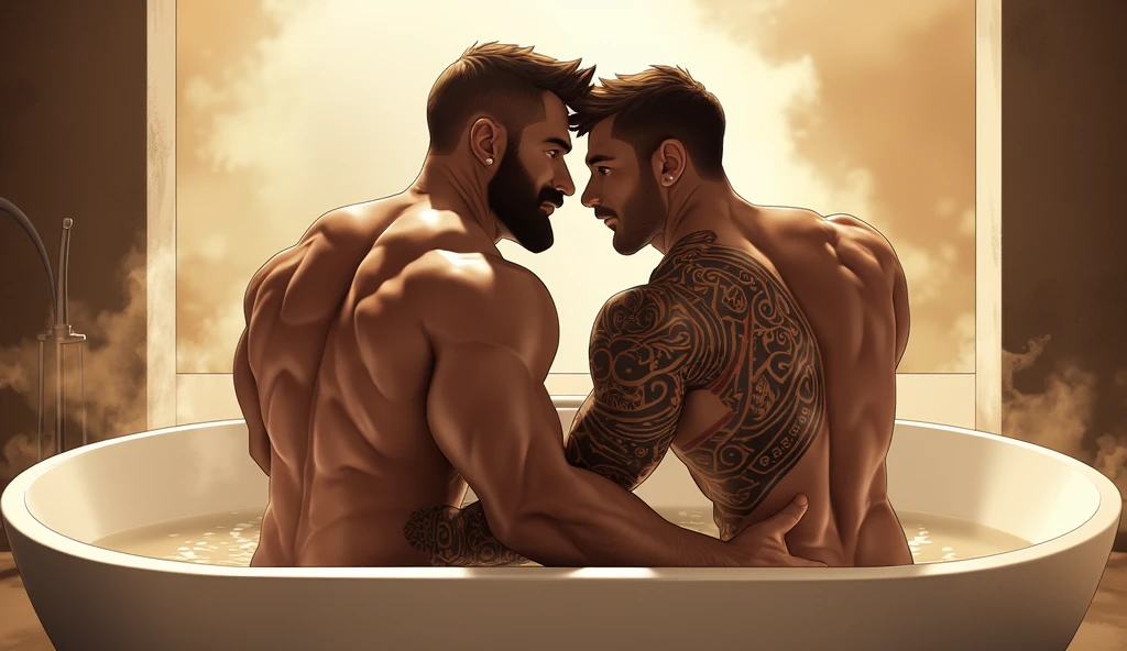 ((Best Quality)) ((high definition quality)), ((Masterpiece)), (detailed), ((without errors)), ((no duplicate limbs))
Create a modern apartment, two figures stand out in a dim and warm room. Cipriano, a muscular man in a tight white t-shirt, shows tattoos on his arms and chest. With messy hair and well-groomed beard, gently kisses Min-Joon's neck.Min-Joon, with an urban style, He wears a white t-shirt. Tender and sweet face, perfectly shaved. His posture is relaxed but full of energy, His dark, messy hair falls over his forehead., and his tattoos cover his neck and arms. The room is partially lit by city lights coming through the window, creating an intimate and passionate atmosphere.