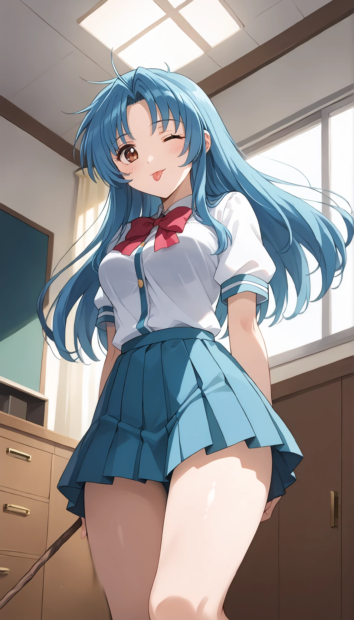 (((Chidori Kaname))),Wink,(((medium breasts))),school uniform,room,((low angle)),(((Pink lighting))),blue hair,long hair,Ulchan-6500-v1.1, ( RAW photos :1.2), beautiful detailed, very detailedな目 美しい目,beautiful eyes,Brown Eyes , Large file size, high resolution, very detailed, best quality, [masterpiece:1.6], Awareness-raising, very detailed, CG, finely, best quality, 8K wallpaper, perfect body shape,very detailed,stick out my tongue,Slim and beautiful thighs