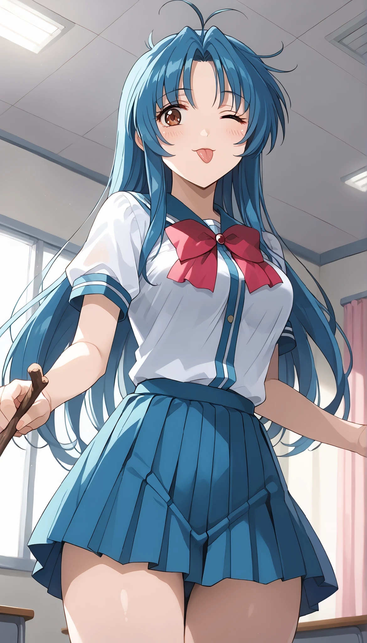 (((Chidori Kaname))),Wink,(((medium breasts))),school uniform,room,((low angle)),(((Pink lighting))),blue hair,long hair,Ulchan-6500-v1.1, ( RAW photos :1.2), beautiful detailed, very detailedな目 美しい目,beautiful eyes,Brown Eyes , Large file size, high resolution, very detailed, best quality, [masterpiece:1.6], Awareness-raising, very detailed, CG, finely, best quality, 8K wallpaper, perfect body shape,very detailed,stick out my tongue,Slim and beautiful thighs