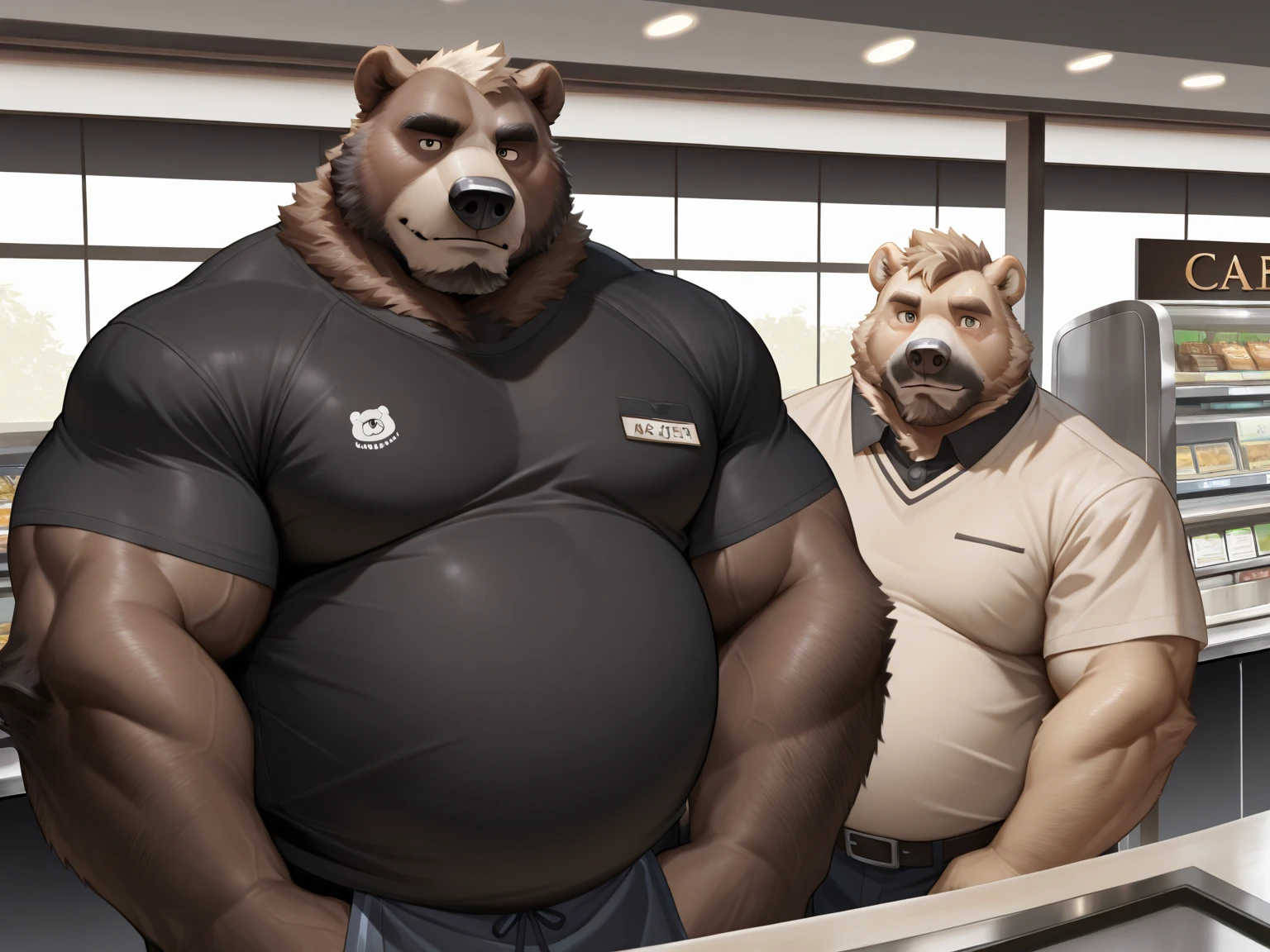 a potrait, full body, semirelistic:1.2, masterpiece, detailed face, muscular old grizzly bear in front gym, old bear, thick arm, huge arm, huge brown fur, bearded. Grey hair and beard, bearded grey, muscular, huge pectoral, wide pectoral, realistic, 8k, masterpiece, (wearing shorts, shirtless and topless:1.3, white shoes), smile