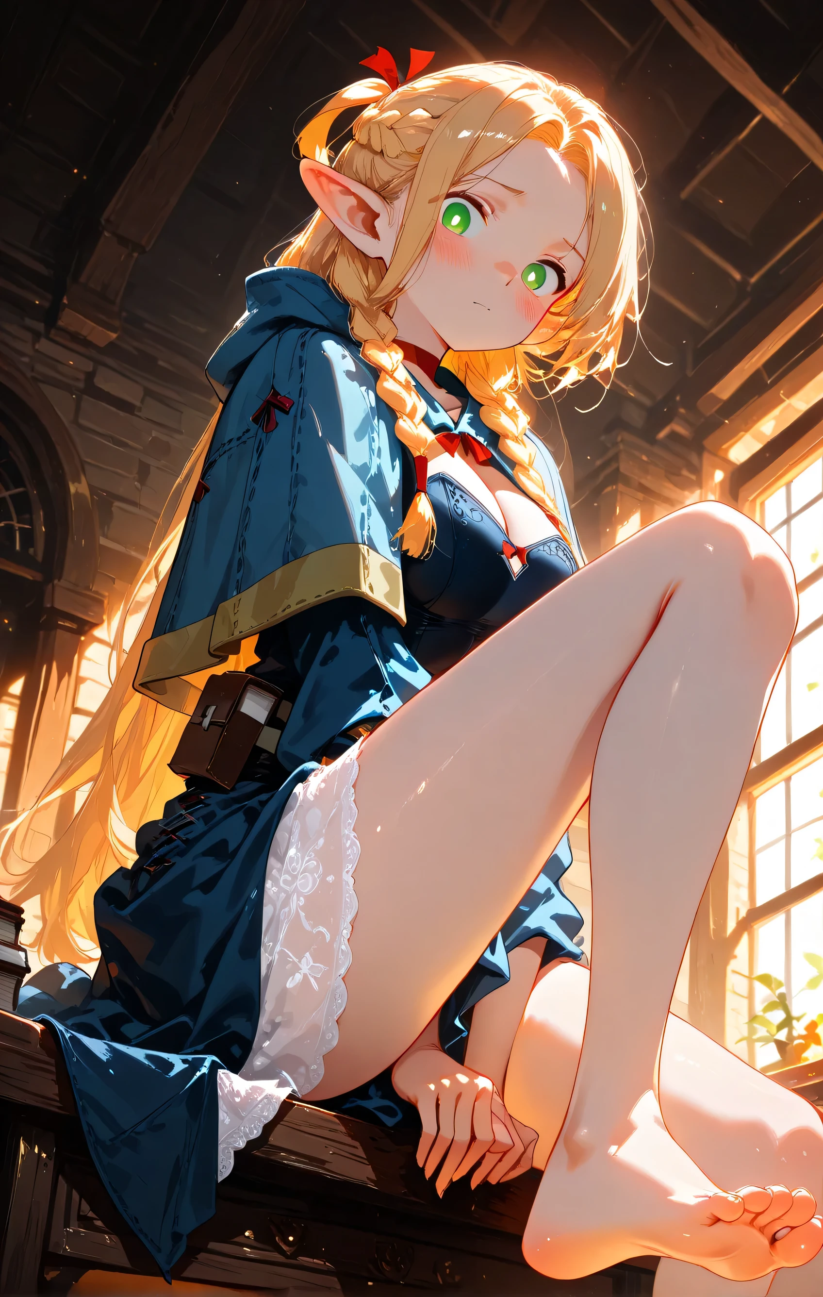 1 girl, Marcille donato, from below, cowboy shot, knee up, soles, hands between legs, very cute face, cute girl, solo,  big breasts, blush, smooth flawless skin, looking at viewer, eyes half closed, sitting on table, (best quality, 4k, 8k, high resolution, masterpiece: 1.2), ultra detailed, intricate details, haute couture, dramatic lighting, warm colors, [(xilmo, konya karasue:0.9) (dino \(dinoartforame\):0.9]