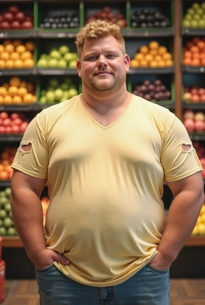 hasselblad photograph of, a burly 55yo strongman, in a grocery store, colorful baggy tank top, short shorts, body hair, stubble, thick lips, handsome, sharp focus, natural light, (kodak ektar 200:0.3),