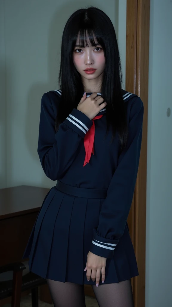 ((top-quality、in 8K、​masterpiece:1.3, Photorealsitic:1.4, Bedrooms)), Japanese high school  girl, 1 female, A dark-haired, With bangs, Medium-sized breasts, ((Japan schoolgirl uniform, Sailor Uniform, Thicker thighs, twintails hairstyle, Black eyes)), Highly detailed facial and skin texture, A detailed eye, Detailed lips、Highly detailed hair depiction, Natural makeup:1.2, (angry:1.3), arched back