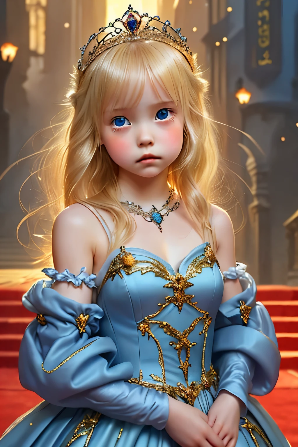 Little young girl, blonde hair,cute,fantasy,  gorgeous blue dress ,tiara,red carpet,city,princess,young girl,evening,upper body,people,Sad,tears,is young