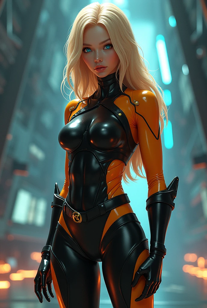 (best quality,8k:1.2,high resolution:1.2),ultra-detalhado,Realistic,retro science fiction female,static pose,long hair,rosto extremamente detalhados,long eyelashes,metalic queen borg armor over all sheer brown Collant de nylon Apertado,all light orange pantyhose, beige gloves,orange Glossy metalic accessories,Physically-based rendering,foco nítido,studio lighting