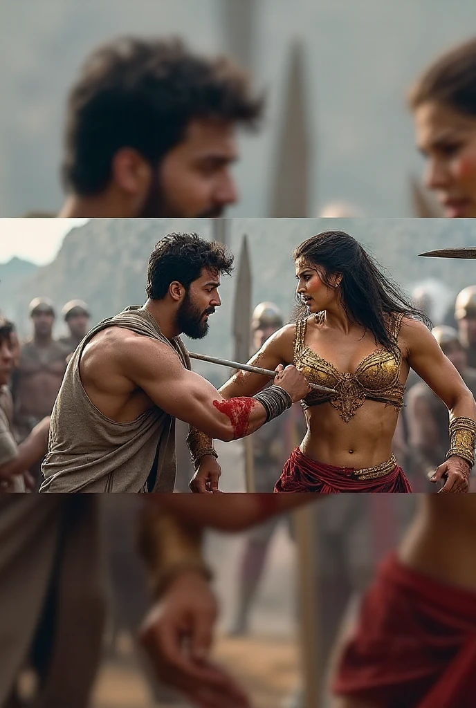 male and female gladiators fighting naked in an arena