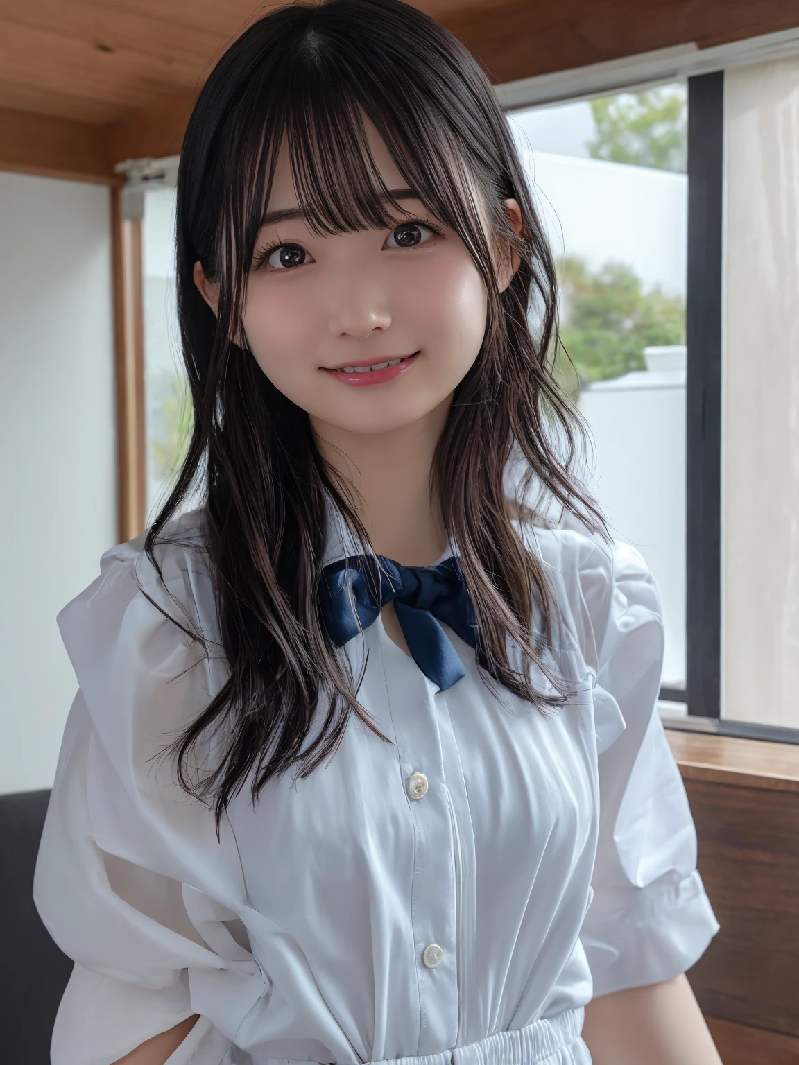 NSFW, (8k, RAW photo, best quality, masterpiece:1.2), ultra high res, (photo realistic:1.2), professional photograph, (Full Body Shot), looking at viewer, Japanese beautiful girl, cute, urban modern girl, 22 years old, brown eyes, brown hair, long hair, perfect body figure, flat chest, Highly Detailed Face and Skin Texture, Fine Eyes, Double Eyelids, Whitening Skin, (japanese school uniform:1.5), (lie down on your stomach:1.5), Smile, in Japanese style room, Natural Light