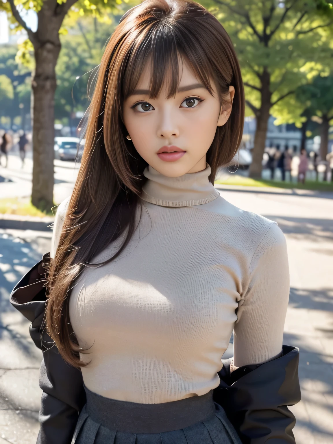 masterpiece, best quality, ultra-detailed, unity 8k wallpaper, hyper detailed, realistic, sharp features, highly detailed, professional quality, Photorealistic, hyper realistic, high resolution, korean Model, Beautiful Korean girl, (19yo:1.3), (everyday makeup, neutral tones), sophisticated look, Perfect facial features, Beautiful Face, Glossy lip, (pink blush pink), symmetrically eyes, Highly detailed face and skin texture, perfect limbs, perfect anatomy, POV, On a date in the park, (chestnut brown hair chestnut brown), diagonal bangs, (Black High Waist Mini Pleated Skirt:1.2, gray Short Turtleneck Knit:1.2, Long black boots:1.2, Korean Fashion:1.2), (shyly smiling:0.9),