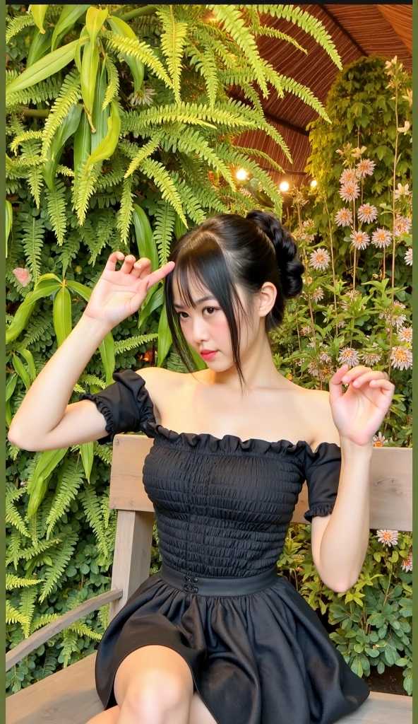 Masterpiece, Highest quality, figure, Very detailed, Fine details, High resolution, 8k,wallpaper, Perfect dynamic composition,(Detailed high quality, Realistic depiction of eyes:1.3), (Japan Night,Standing Woman, Put your hands on your head, wall:1.1), Black hair color, Big Natural Color Lip, Fascinating face, Provocative look, Crying a little、Cold Stare, , at night, Full body photo、Focus on the groin, Huge breasts Black lace bra Shy laugh Overgrown trees
