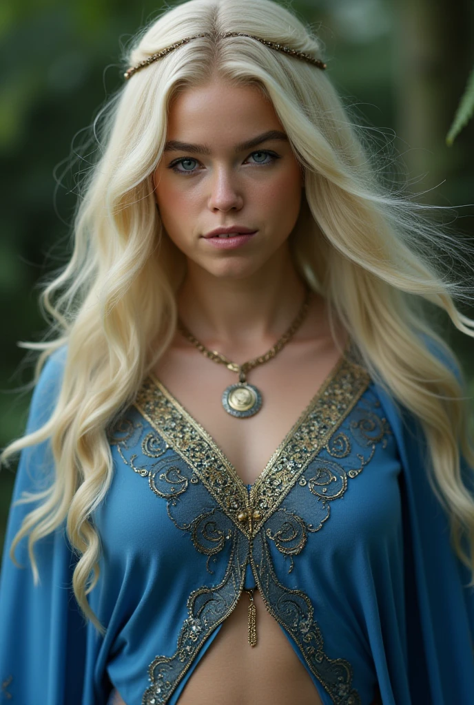 Image shows (a beautiful woman of Norwegian descent with Celtic style). She has slightly reddish cheeks and (bluish ice-colored eyes with a subtle black outline). Her hair is blonde, The model wears a (elegant white transparent Celtic dress), with a wreath on her head. She is captured in an enhanced ESRGAN image with a realistic face (captured in a head-to-toe photo), (full body photo), which shows her youthful appearance at the age of 22. The image was captured using a 50mm sigma Slente lens in stunning detail at 8192 x 8192 pixels with High Dynamic Range to capture accurate color and detail. (The model is at a Celtic party), illuminated by sunlight that creates shadows and reflections, and with a volumetric light effect adding depth to the image. The result is an image that highlights the fierce and powerful nature of a Viking woman with Norwegian heritage, depicted with stunning detail and realism, (she is alone in the image), (the day is with the blue sky), (Celtic festivity scene), (Day of radiant sunshine), (photo with contrast), (Mirrorless camera)