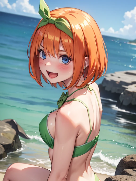 1girl, alone , yotsuba nakano, bangs, short hair, blue eyes, hair between eyes, hair ribbon, hairband, orange hair, (green ribbon:1.5),
BREAK navel, bare shoulders, collarbone, swimsuit, bikini, side-tie bikini bottom, halterneck, floral print, yellow bikini, green bikini, print bikini,
BREAK indoors, pool, swimming pool,
BREAK looking at viewer, (cowboy shot:1.5),
BREAK (masterpiece:1.2), best quality, high resolution, unity 8k wallpaper, (illustration:0.8), (beautiful detailed eyes:1.6), extremely detailed face, perfect lighting, extremely detailed CG, (perfect hands, perfect anatomy),