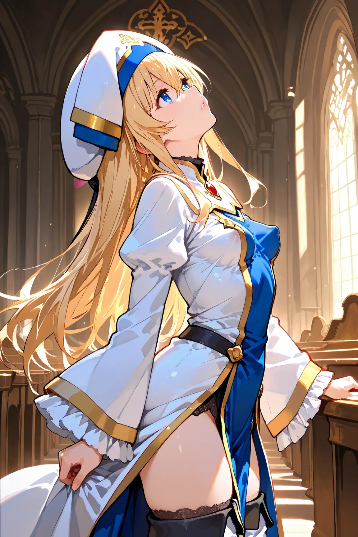 Priestess, 1 girl, 独奏, Blonde, Long Hair, blue eyes, White Dress, white hat, White thigh-high boots, Black frilly shorts、Inside an empty church、Smile、Small Breasts、Baby Face Break Masterpiece、Beautiful attention to detail:1.2, Perfect lighting, (perfect hand, perfect anatomy), Precise depiction、Vibrant colors