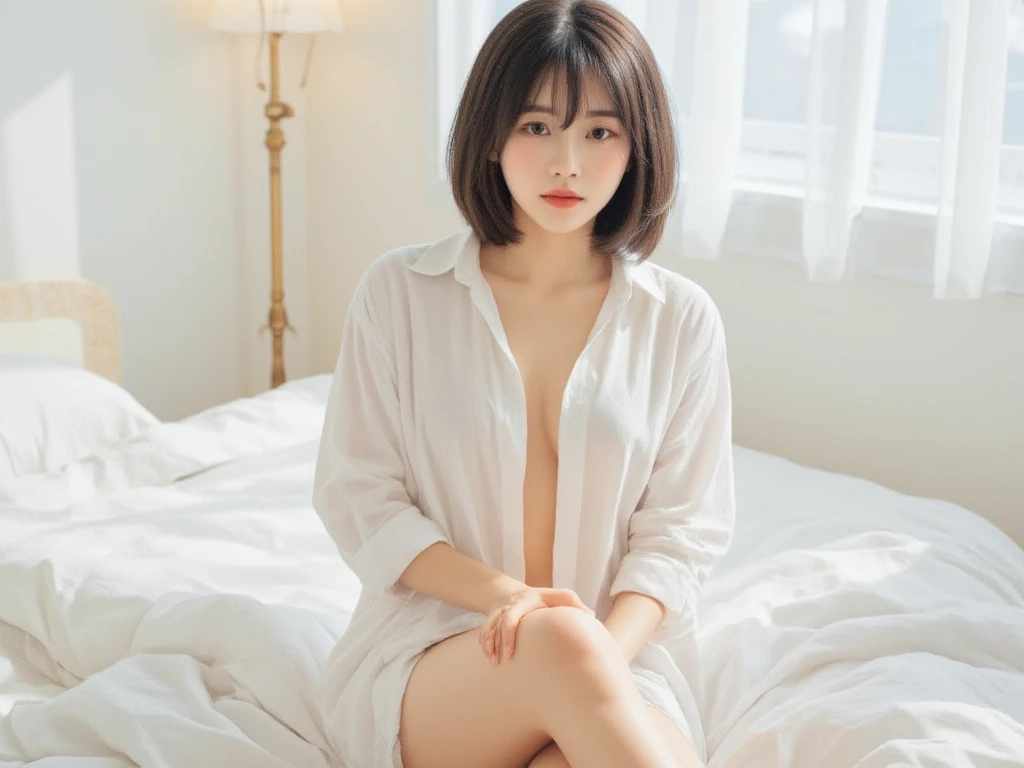 there is a woman sitting on a bed with a white shirt, gorgeous young korean woman, beautiful south korean woman, beautiful young korean woman, clothed in white shirt, korean girl, beautiful asian girl, elegant japanese woman, korean woman, beautiful asian woman, japanese goddess, japanese model, realistic young gravure idol, beautiful japanese girls face, wearing white shirt