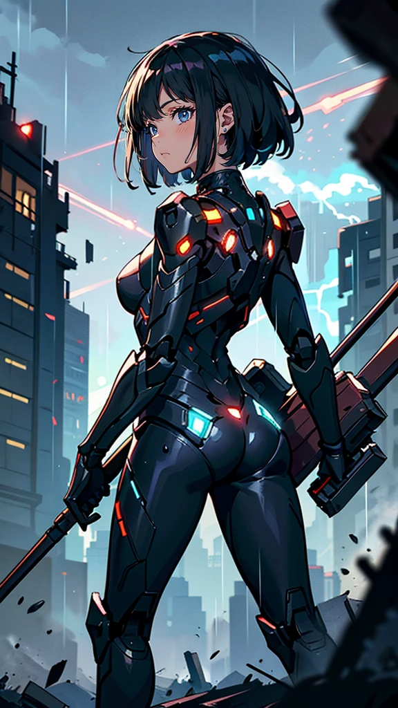 woman、Back view、Neon City、Cyberpunk City, future的な, heavy rain, 8K, アニメ壁紙 8K, Absurd, Super sharp, night, street, Japan, Blue atmosphere, raindrop, Rain-soaked body、Decadent、future