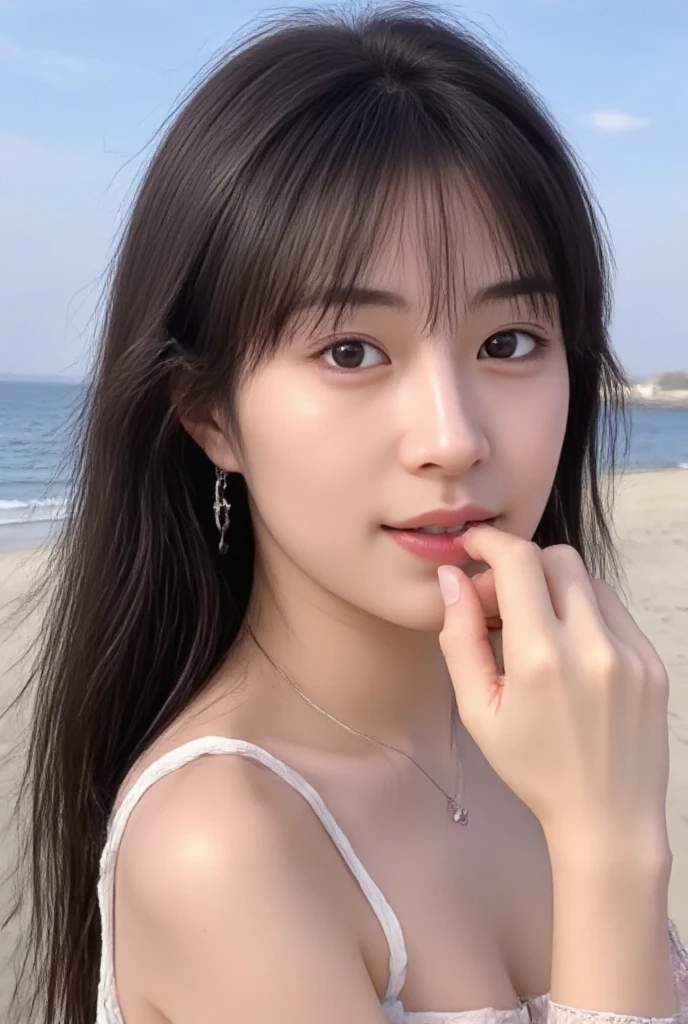 best quality, ultra high resolution, (realistically:1.4),cute hairpin,Baoyu Girl,European style apartment,(flat chest:1.2) ,A pair of clear and charming peach blossom eyes,Royal sister,The sun shines on the face,big wave,(in the woods:1.4),(necklace:1.2),(White skin:1.4),a sense of atmosphere,a beautiful girl, Smile,looking directly at the viewer, Close-up cleavage ,(lifelike:1.4),1 girl,Sexy,(Upper body:1.4),(wet),(:1.2)