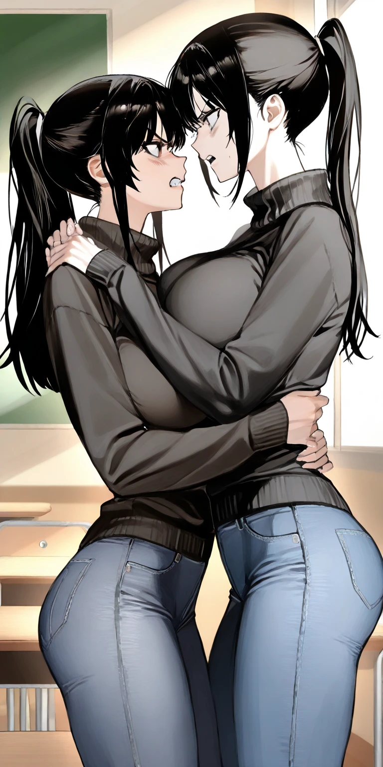 two age girls,angry look,equivalent height,In the classroom,black hair ponytail,face each other and look at each other,hug each other,two bodies are close together,kiss、Picture of two people、Holding hands and facing each other、Photograph of two people facing each other、Push each other、Stick your boobs and boobs together、super huge boobs、very big breasts、super big breasts、skinny jeans、Leopard print bra