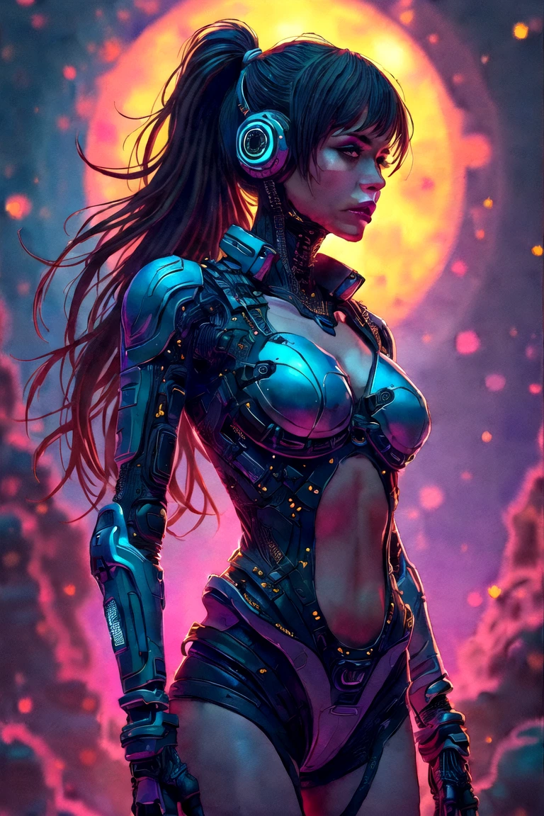 looking at camera, cyberpunk neon cinematic 8k poster, shocking, neon lights - dark and shadowy background - night mood, Astronaut style white and gold trim neon light bikini zipper open (breast) and clear helmet, dark short wavy hair, with a group of soldiers behind her, beautiful sci-fi art, beautiful smile, waiting for a kiss, turning and looking at the camera, space warrior, sunrise over solar punk city, stoner rock, mars invasion, epic album art cover, sexy movie photo, cinemascope panorama, high stylized and 1940’s poster, cosmic style, 8k cinematic, golden ratio, cosmic mayhem, light particles, wet look, golden hour, realistic, masterpiece, highest quality, lens flare, shade, bloom, [[chromatic aberration]]