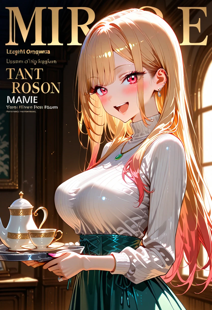 Marin Kitagawa, long hair, blonde hair, light pink ombre hair, red eyes, big eyes, delicate facial features, natural skin texture, laughing, looking at viewer, elegant tea room softly lit by early afternoon sun, smooth plain white turtleneck sweater (non-ribbed), high-waisted mini skirt in dark green, seated gracefully with both hands resting near a tea tray, light wrapping around emphasizing fabric tension, from somewhat side, big eyes, tented dress, perky , magazine cover, fashionable simple design, face focus, blush, masterpiece, best quality, ultra quality, high detailed