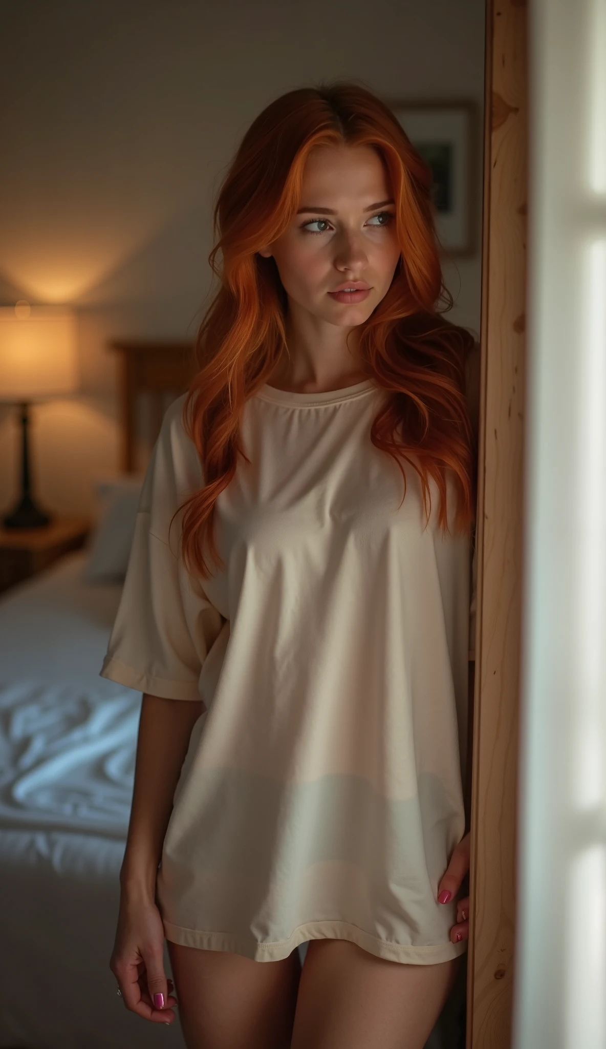 Madelaine Petsch dressed in a long-sleeved shirt and dull colored thong and a sexy smile