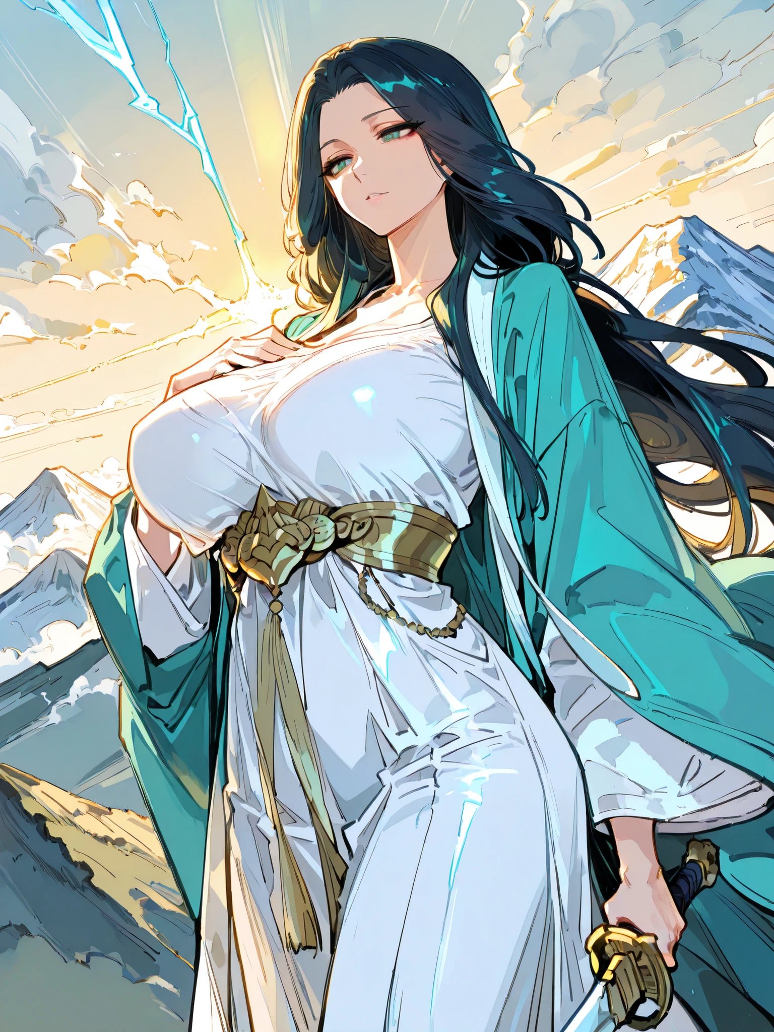 (Clean background),UHD,game cg,Portrait of People,(8k, best quality, masterpiece:1.2),\(Eye details\),\(Facial features details\),(\(Service Details\)\),(1 girl:1.3),solo,single person,character shadow gradation,perspective,excellent anthropology,excellent anatomy,long hair,(/shiny black hair/),green eyes,shiny eyes,milf,mature woman,(white Hanfu:1.2),Light cyan lining, place your left hand on your chest ,(Holding a long sword in his right hand:1.2),large breasts,huge breasts,slim waist,Heavily wrapped Hanfu,Clothes that accentuate the figure.A serene immortal cultivator in flowing blue-green robes, long hair flowing in the wind, standing majestically on a mountain peak,Towering jagged mountain peaks piercing through rolling clouds, morning sunlight breaking through,Golden dawn light filtering through clouds, cold gleam of a flying sword, distant lightning from a tribulation,