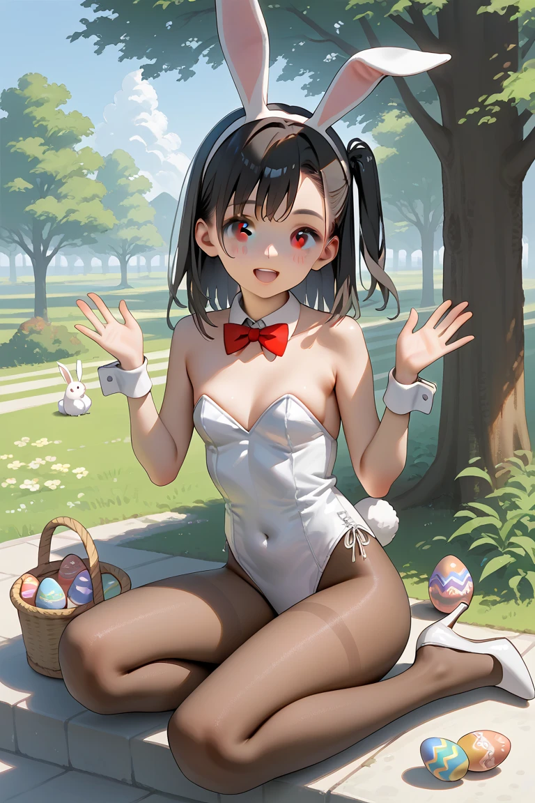 (Best Quality, High Resolution, Masterpiece: 1.3), a tall perfect woman with a slim figure, (short black hair, bunny girl in white clothes), dressed sexy and exposed, in the grass, details of face and skin texture beautifully presented, detailed eyes, double eyelids, sexy pose, realistic, leaky half breast ball, full body shot --auto --s2
