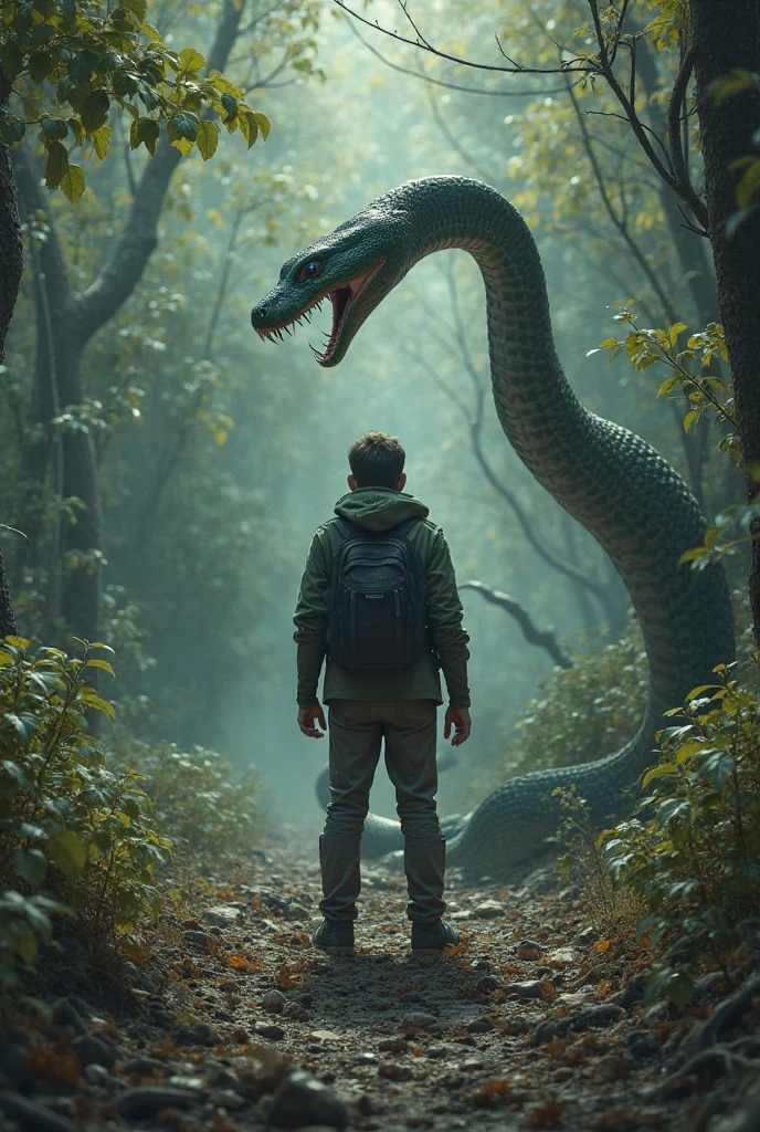 A young boy  standing in a mountain peaks curve with blood and only pant and white shoes  remain in body, on his background green snake figure apear with glowing eye .