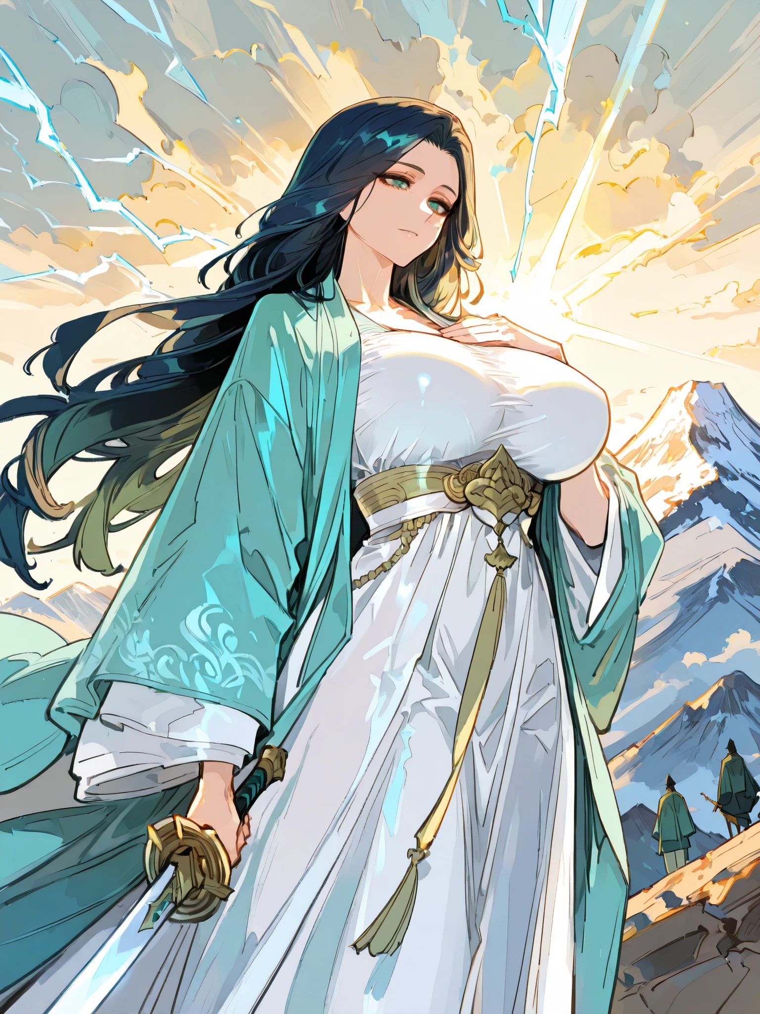 (Clean background),UHD,game cg,Portrait of People,(8k, best quality, masterpiece:1.2),\(Eye details\),\(Facial features details\),(\(Service Details\)\),(1 girl:1.3),solo,single person,character shadow gradation,perspective,excellent anthropology,excellent anatomy,long hair,(/shiny black hair/),green eyes,shiny eyes,milf,mature woman,(white Hanfu:1.2),Light cyan lining, place your left hand on your chest ,(Holding a long sword in his right hand:1.2),large breasts,huge breasts,slim waist,Heavily wrapped Hanfu,Clothes that accentuate the figure.A serene immortal cultivator in flowing blue-green robes, long hair flowing in the wind, standing majestically on a mountain peak,Towering jagged mountain peaks piercing through rolling clouds, morning sunlight breaking through,Golden dawn light filtering through clouds, cold gleam of a flying sword, distant lightning from a tribulation,