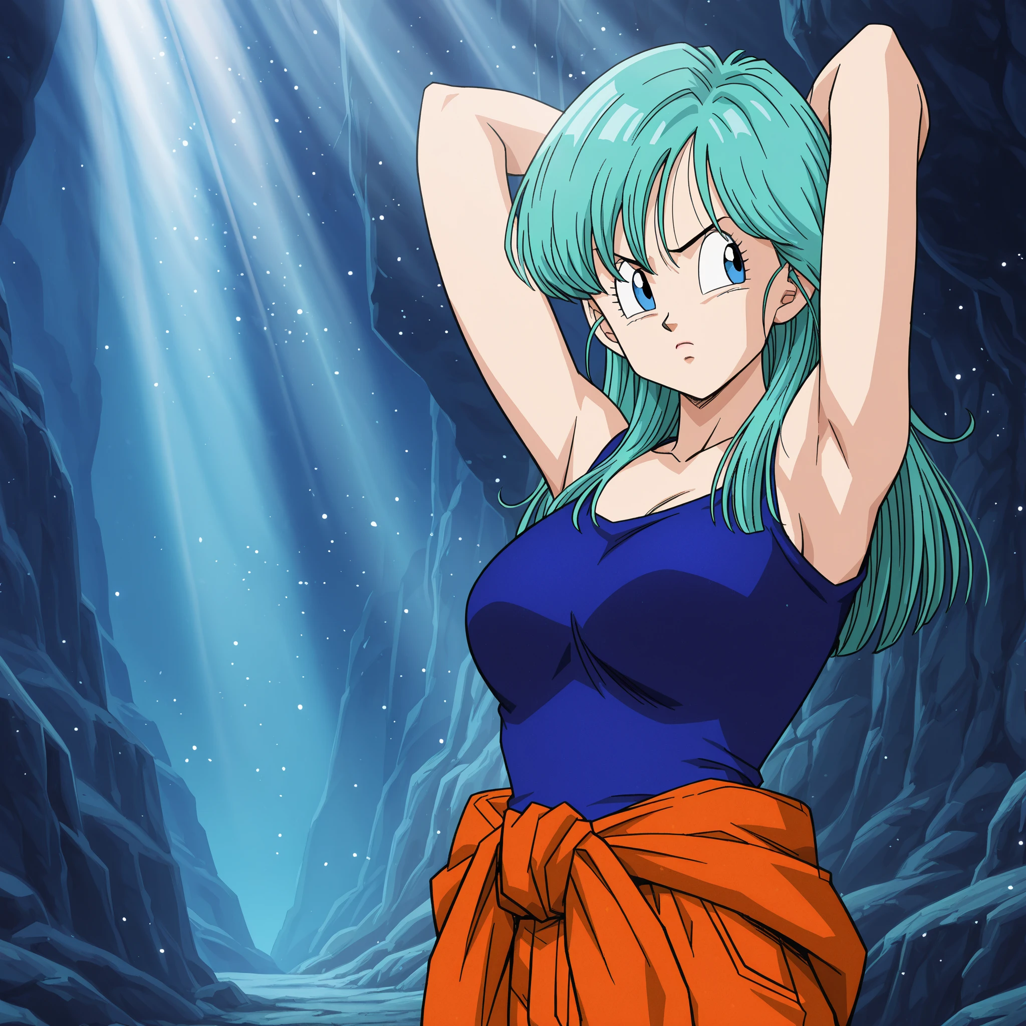 A vibrant portrait of Bulma, her hair billowing in the wind,short hair, Blue Hair , standing atop a city futuristic overlooking a lush green valley , sexy orange clothes, Blue hair.
, digital art, master piece, scratches, head, looking, anatomically correct, (((8k resolution))) , Style Bulma Dragon Ball Z, 1 character