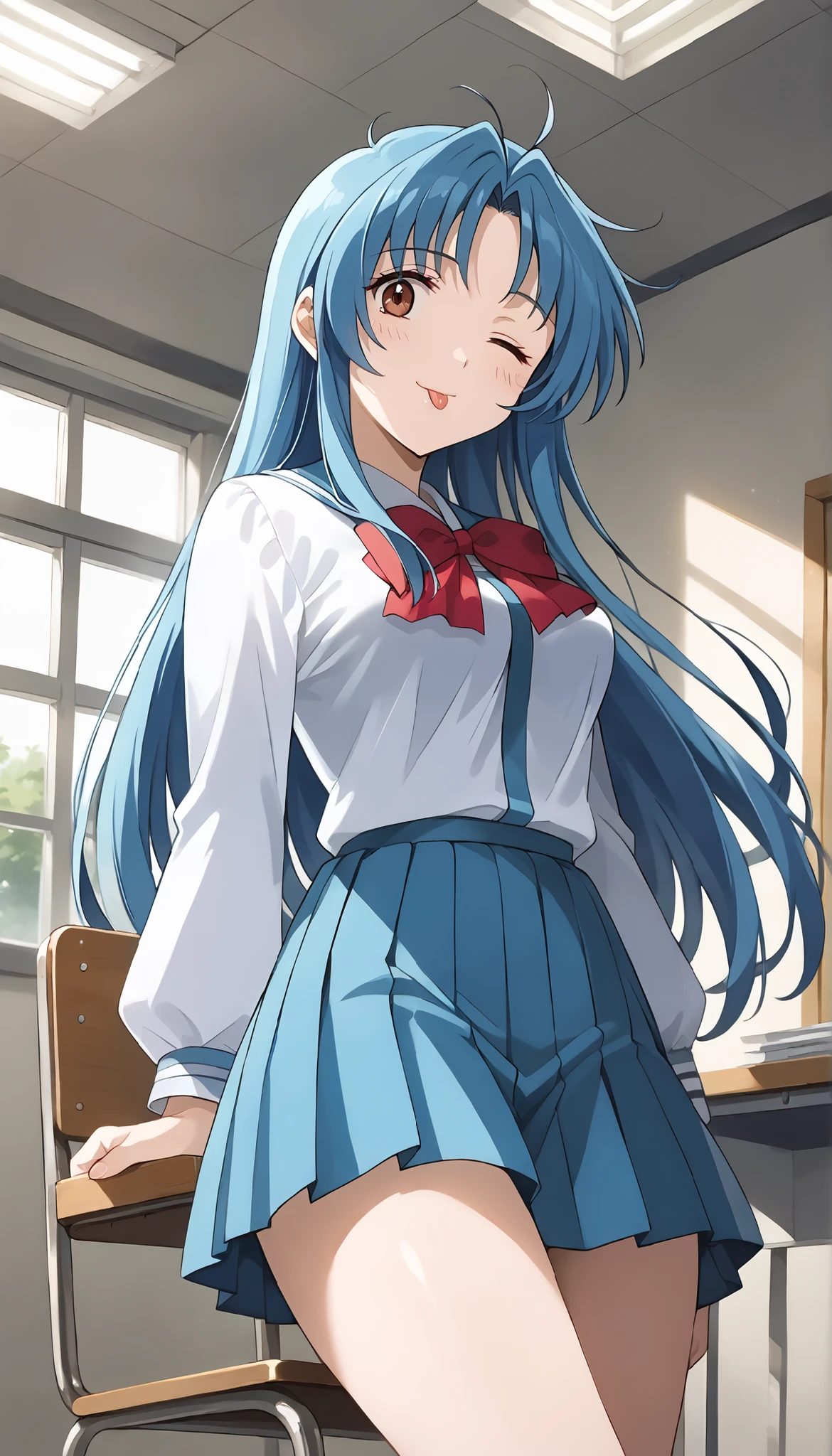 (((Chidori Kaname))),Wink,(((medium breasts))),school uniform,room,((low angle)),(((chair in the left hand examination room))),blue hair,long hair,Ulchan-6500-v1.1, ( RAW photos :1.2), beautiful detailed, very detailedな目 美しい目,beautiful eyes,Brown Eyes , Large file size, high resolution, very detailed, best quality, [masterpiece:1.6], Awareness-raising, very detailed, CG, finely, best quality, 8K wallpaper, perfect body shape,very detailed,stick out my tongue,Slim and beautiful thighs